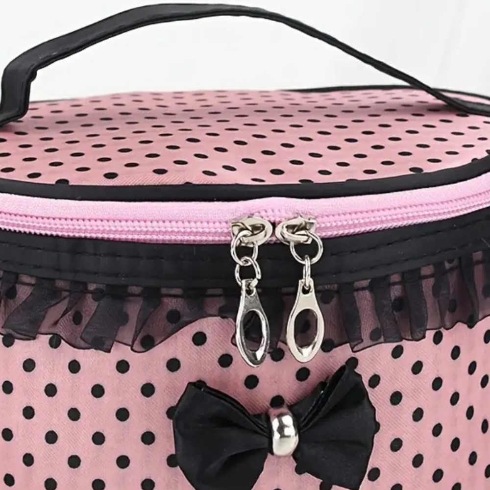 🆕️EXTRA LARGE VINTAGE PINK & BLACK POLKA DOT ZIPPERED COSMETIC BAG WITH POCKETS - Picture 5 of 16